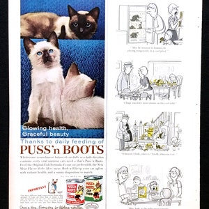 Publicité vintage Le Chat Botté de 1962, oeuvre d'art publicitaire, nourriture pour chats, publicité dans un magazine, publicité imprimée, publicité, idéale à encadrer. image 2