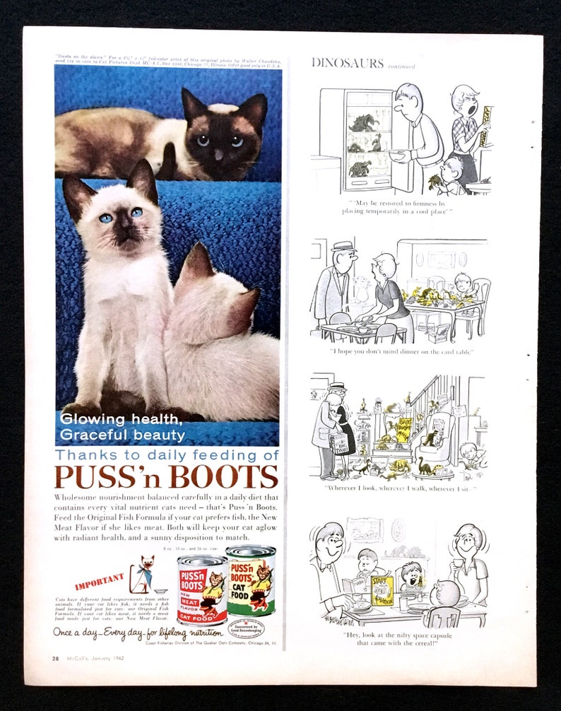 Publicité vintage Le Chat Botté de 1962, oeuvre d'art publicitaire, nourriture pour chats, publicité dans un magazine, publicité imprimée, publicité, idéale à encadrer. image 2