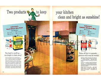 1954 Johnson's Glo-Coat & Jubilee Wax Vintage Ad, 1950's Kitchen, Mid Century Modern, Advertisement, Magazine Ad, Great to Frame.