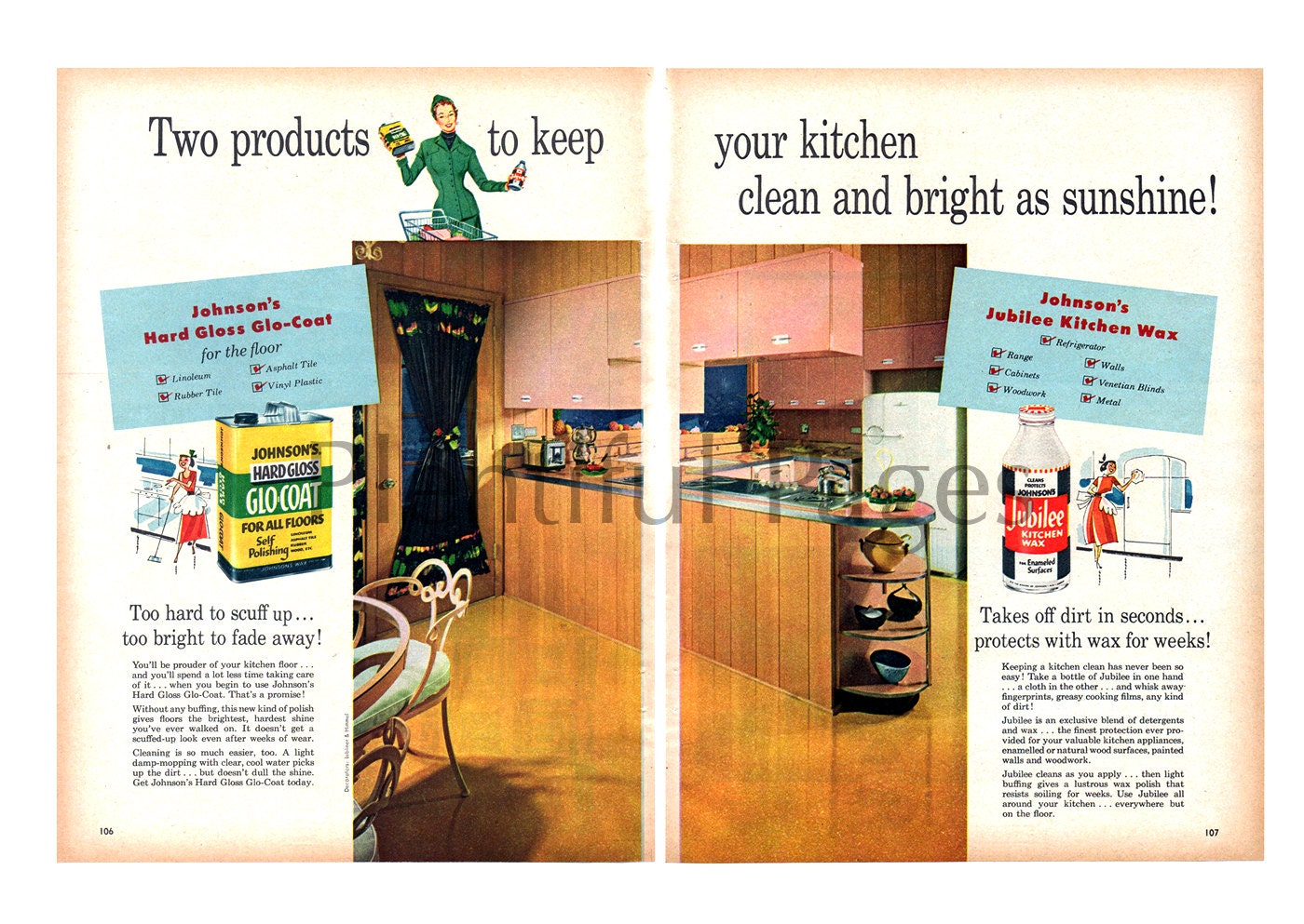 1954 Johnson's Glo-coat & Jubilee Wax Vintage Ad, 1950's Kitchen