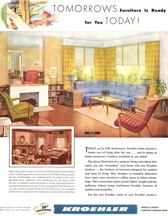 1943 Kroehler Furniture Vintage Ad 1940 S Decor 1940 S Livingroom Advertising Art Retro Decor Vintage Livingroom Great For Framing