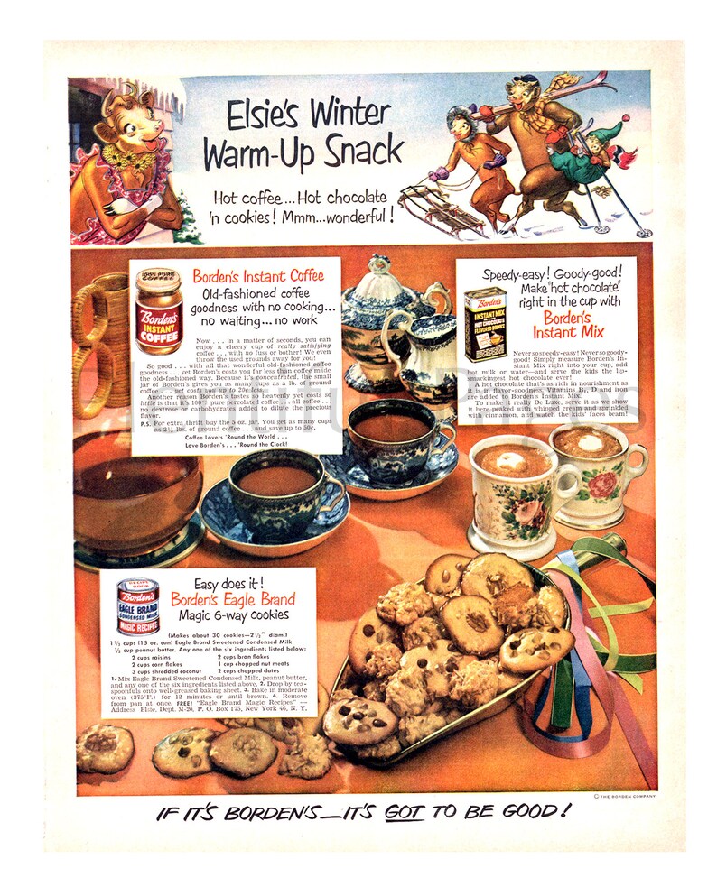 Borden/'s Evaporated Milk Elsie Cow 1950/'s Borden/'s Vintage Ads Advertising Art Set of Three Magazine Ad Eagle Brand. Instant Coffee