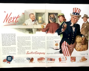 Vintage-Zeitschriftenanzeige von Swift & Company aus dem Jahr 1945, Werbegrafik, Fleischwaren, Küchendekoration, Onkel Sam.