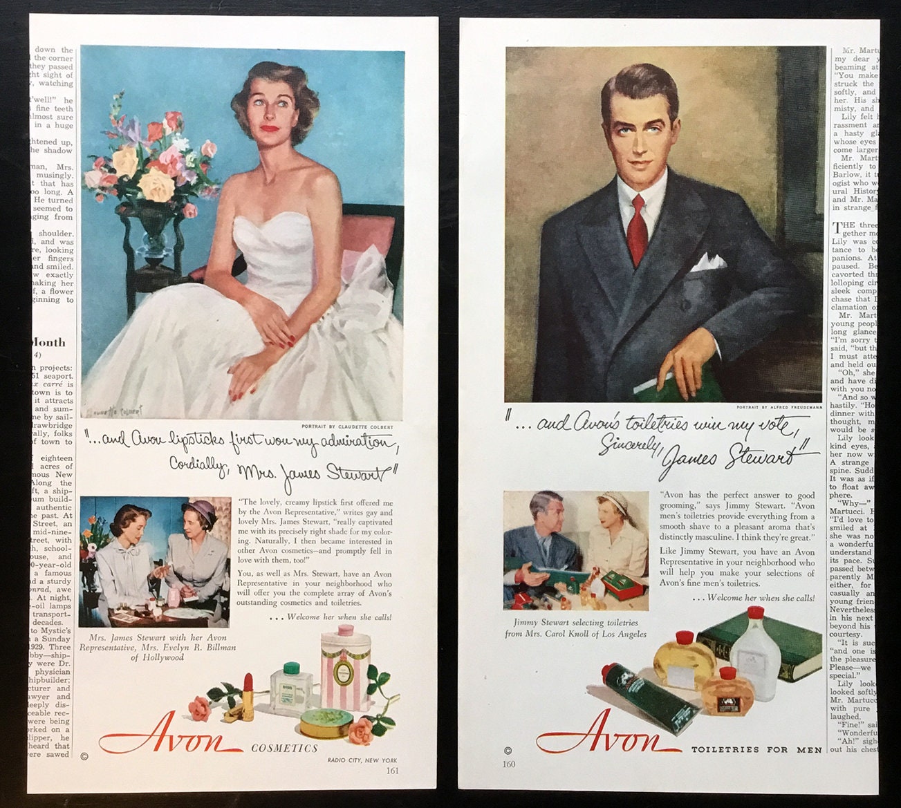 1950's Avon Cosmetics Vintage Ads, Set of Two, Jimmy Stewart, Advertising Art, Magazine Ad, Toiletries, Advertisement, Great for Collage.