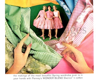 1963 Penney's Wonder Blend Dacron Tela Vintage Ad, 1960's Moda, Revista Anuncio, Arte publicitario, Tela de tela ancha, Costura, Publicidad.