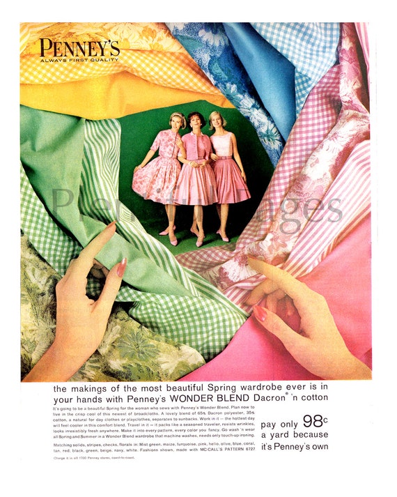 1963 Penney's Wonder Blend Dacron Fabric Vintage Ad, 1960's Fashion,  Magazine Ad, Advertising Art, Broadcloth Fabric, Sewing, Advertisement.