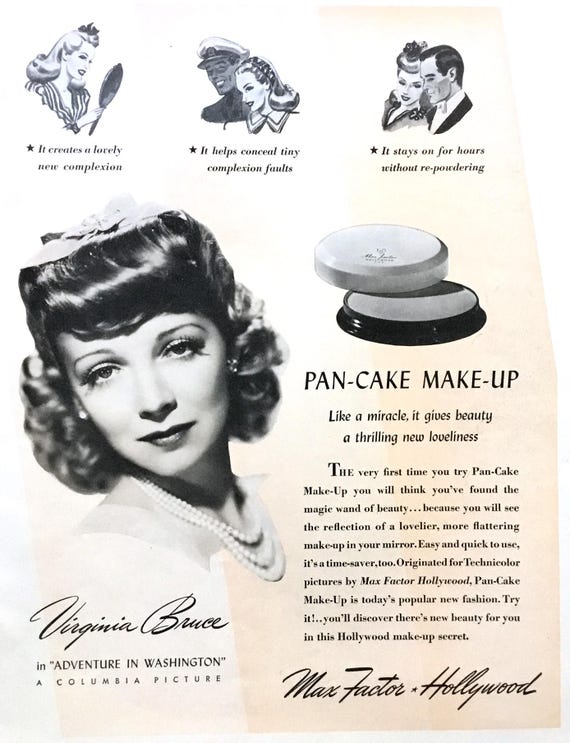 1941 Max Factor Ad, Virginia Bruce, Pan-cake Make-up, Vintage
