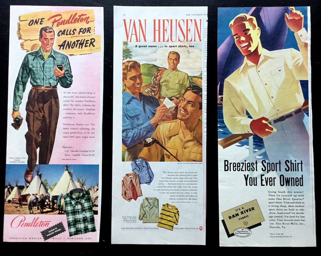 Vintage 1940s-50s Menswear Ads, Pendleton & Van Heusen, Set of