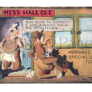 1940&#39;s Army Mess Hall Co. E Vintage Postcard,  Collectible Postcard, WWII, K.P. Duty, Vintage Souvenir, Vintage Illustration, Great to Frame