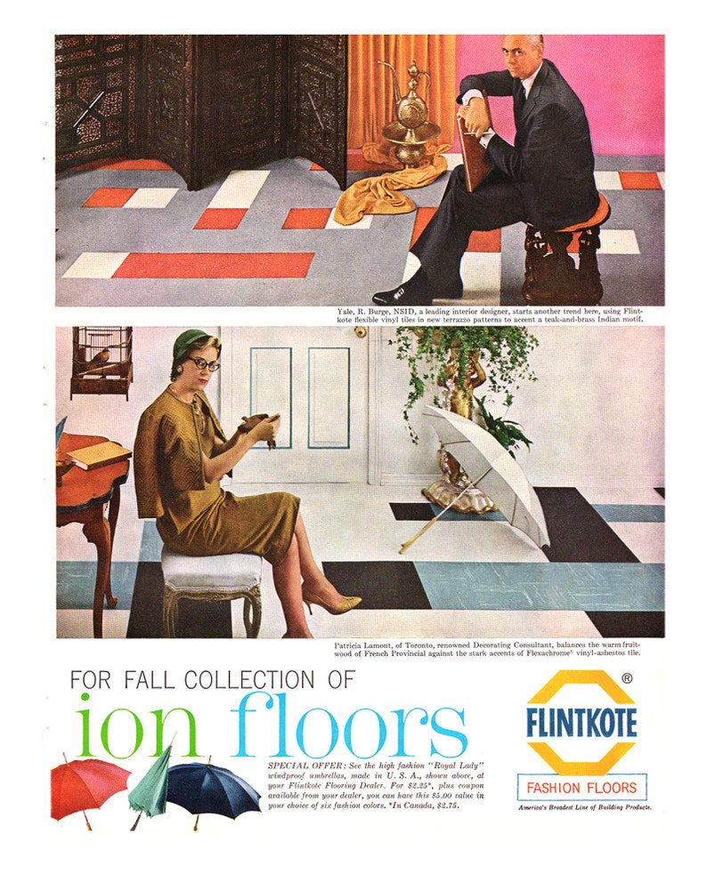 1960 Flintkote Floors Vintage Ad, Advertising Art, 1960's Decor, Magazine Ad, Vinyl Flooring, Advertisement, Great to Frame. image 3