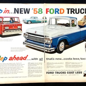 1958 Ford Trucks Vintage Ad, Advertising Art, Magazine Ad, Print Ad, Pickup Truck, Advertisement, Great to Frame.