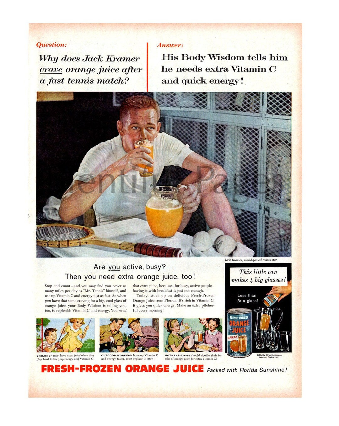 1957 Fresh Frozen Orange Juice Vintage Ad, 1950's Tennis, Jack