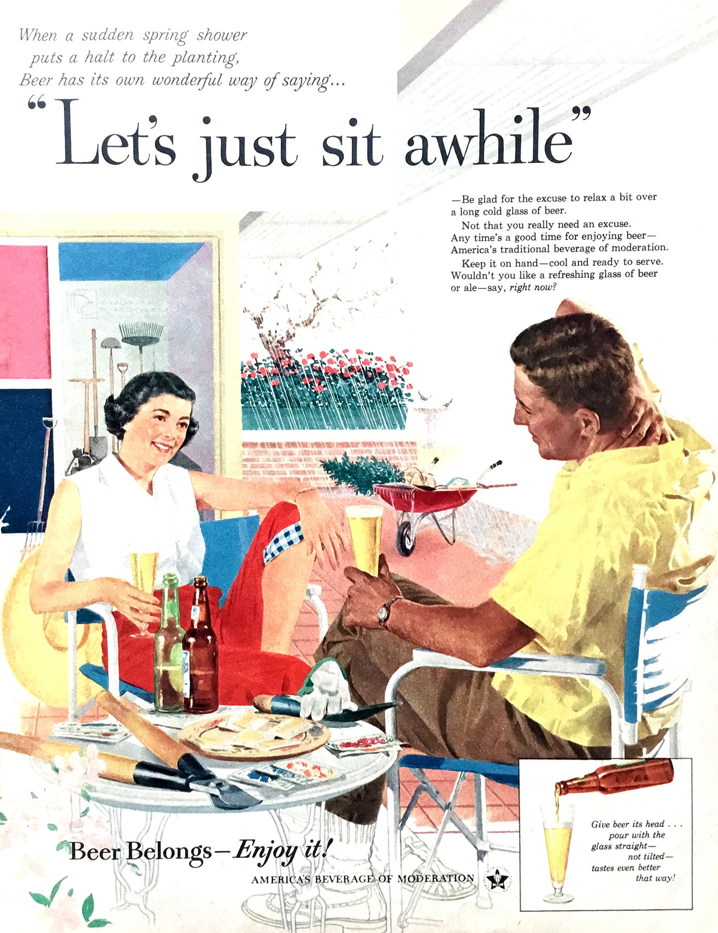1956年「ビールはここにある」ヴィンテージ雑誌広告、レトロなイラスト
