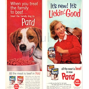 1950's Pard Dog Food Vintage Ads, Set of Two, Advertising Art, Magazine Ads, Beagle, Dog Food, Great to Frame.