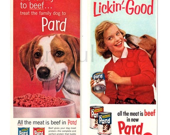 1950's Pard Dog Food Vintage Ads, Set of Two, Advertising Art, Magazine Ads, Beagle, Dog Food, Great to Frame.