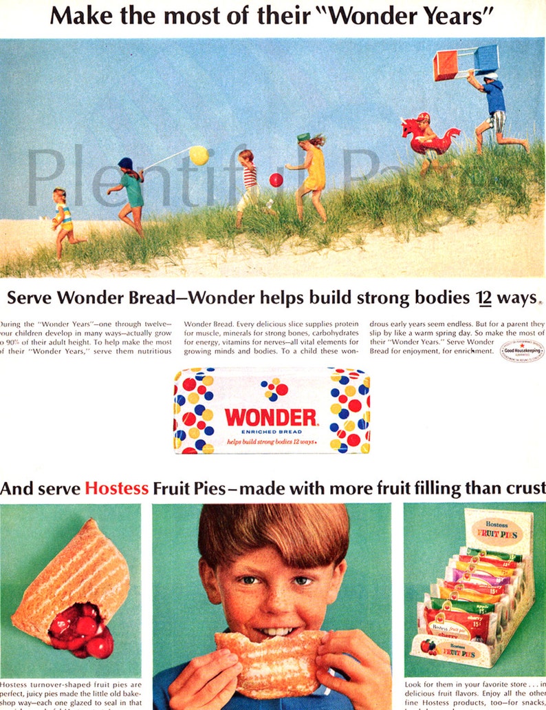 1966 Wonder Bread & Hostess Fruit Pies Vintage Ad, 1960's Dessert, 1960's Wonder Bread, 1960's Kids, Advertising Art, 1960's Fashion. image 2