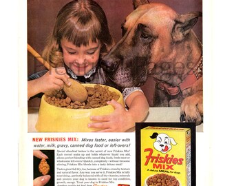 1961 Friskies Mix Dog Food Vintage Ad, 1960's Dog Food, Great Dane, 1960's Fashion, Advertising Art, 1960's Girl, Great for Framing.