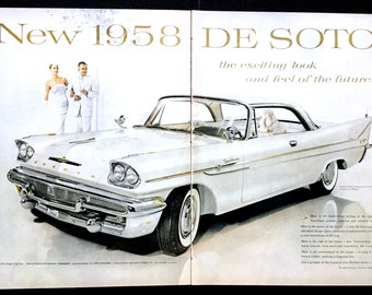 May include: A vintage 1958 De Soto automobile advertisement featuring a white car with chrome accents, dual headlights, and tail fins. The text reads New 1958 DE SOTO the exciting look and feel of the future, with additional promotional text.