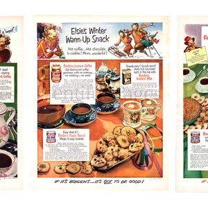 1950&#39;s Borden&#39;s Vintage Ads, Set of Three, Elsie Cow, Advertising Art, Magazine Ad, Borden&#39;s Evaporated Milk, Instant Coffee, Eagle Brand.