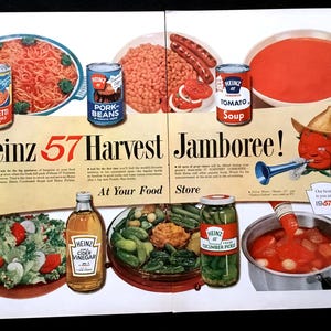 1957 Heinz Vintage Ad, Advertising Art, Magazine Ad, Kitchen Decor, Tomato Ketchup, Print Ad, Great to Frame.