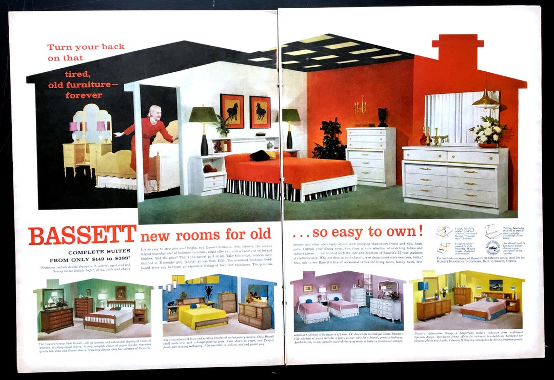 1958 Bassett Furniture Ad, Mid-century Modern Bedroom, Vintage