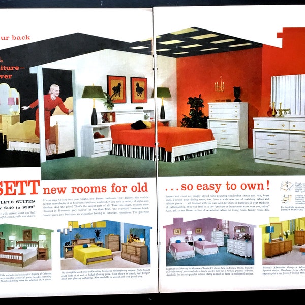 1958 Bassett Furniture Vintage Ad, Advertising Art, Magazine Ad, 1950's Bedroom, Advertisement, Great to Frame.