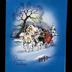 1940er Jahre Vintage Weihnachtsgrußkarte, Vintage Illustration, Weihnachtskarte, Pferdekutsche, ideal zum Einrahmen.