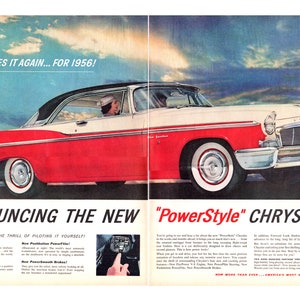 1956 Chrysler Vintage Ad, Advertising Art, Retro Car Ad, Magazine Ad, PowerStyle Chrysler, Advertisement, Great to Frame.
