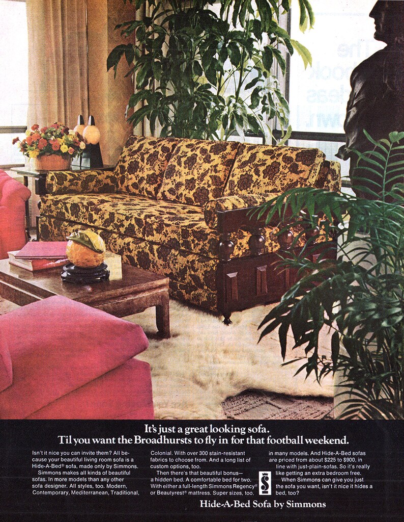 1969 Simmons Hideabed Sofa Vintage Ad Advertising Art Etsy