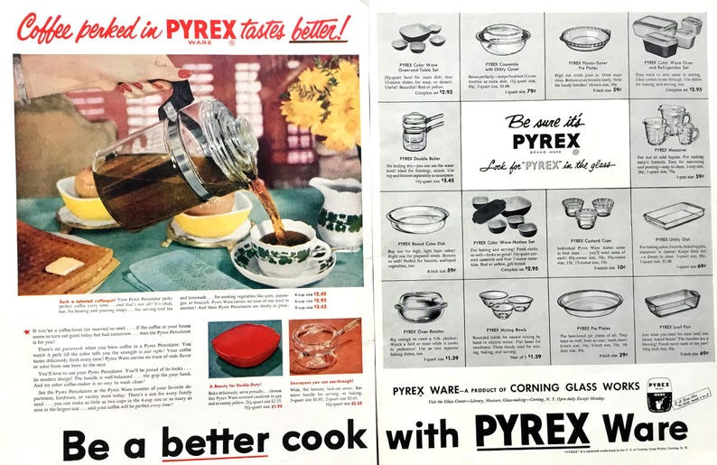 Pyrex Advertisement 1952 Pyrex Ware Ad, Kitchen Decor, Coffee Pot Print - Etsy