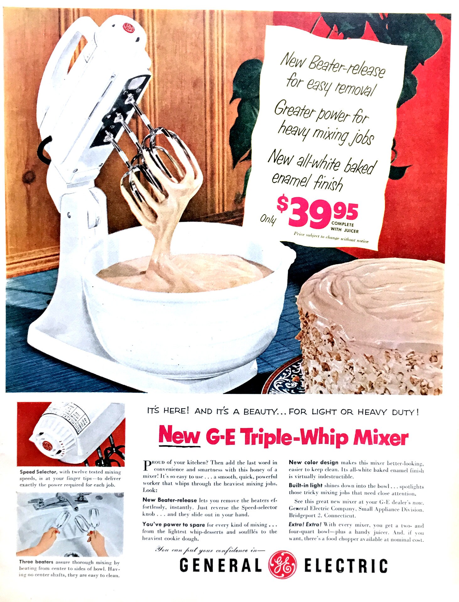 1950's General Electric Mixer Vintage Ad, Advertising Art, Magazine Ad