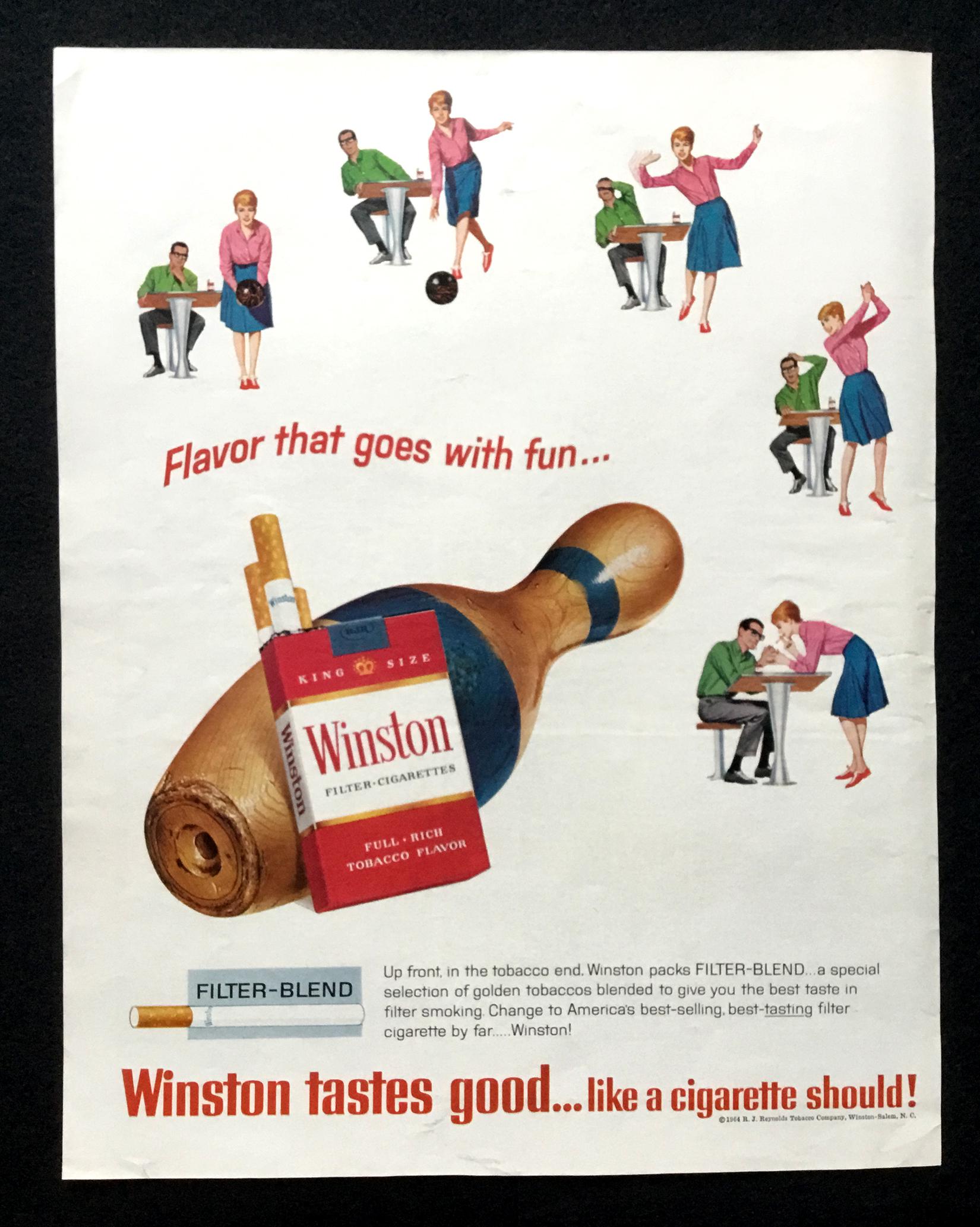 1965 Winston Cigarettes Ad, Bowling Alley, Vintage Magazine Print