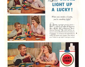 1957 Lucky Strike Cigarettes Vintage Ad, 1950&#39;s Couple, Advertising Art, Magazine Ad, Print Ad, Great to Frame.