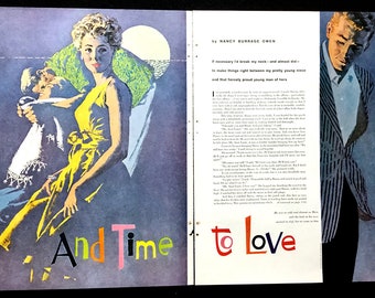 May include: A vintage book cover illustration featuring a woman in a yellow dress holding a child, and a man in a striped suit. The text on the cover reads "And Time to Love" in colorful letters.