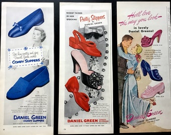 1950's Daniel Green Slippers Vintage Ads, Set of Three, Advertising Art, Magazine Ad, Advertisement, Great to Frame.