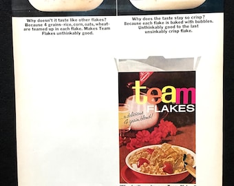 1960s Team Flakes Cereal Ad, Vintage Magazine Print, Advertising Art, Kitchen Decor.