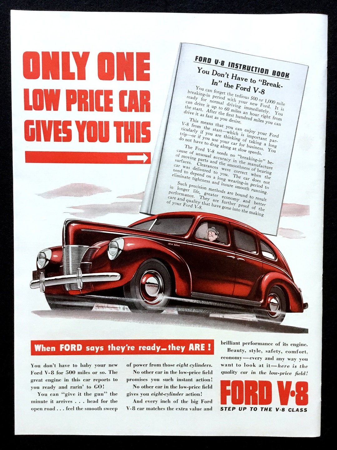 1940 Ford V-8 Ad, Vintage Magazine Print, Automotive Advertising