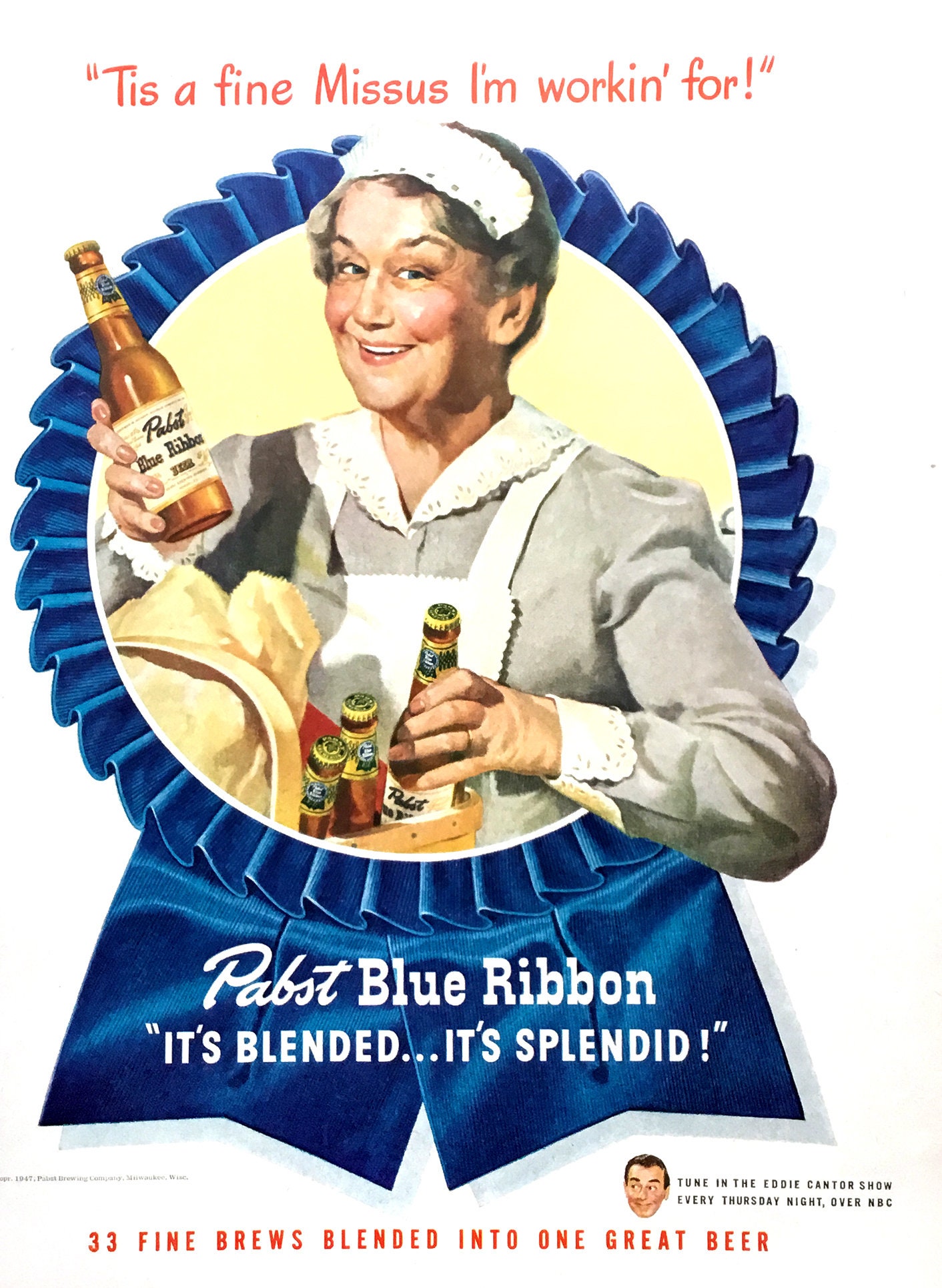 1947 Pabst Blue Ribbon Beer Vintage Ad, Advertising Art, Magazine