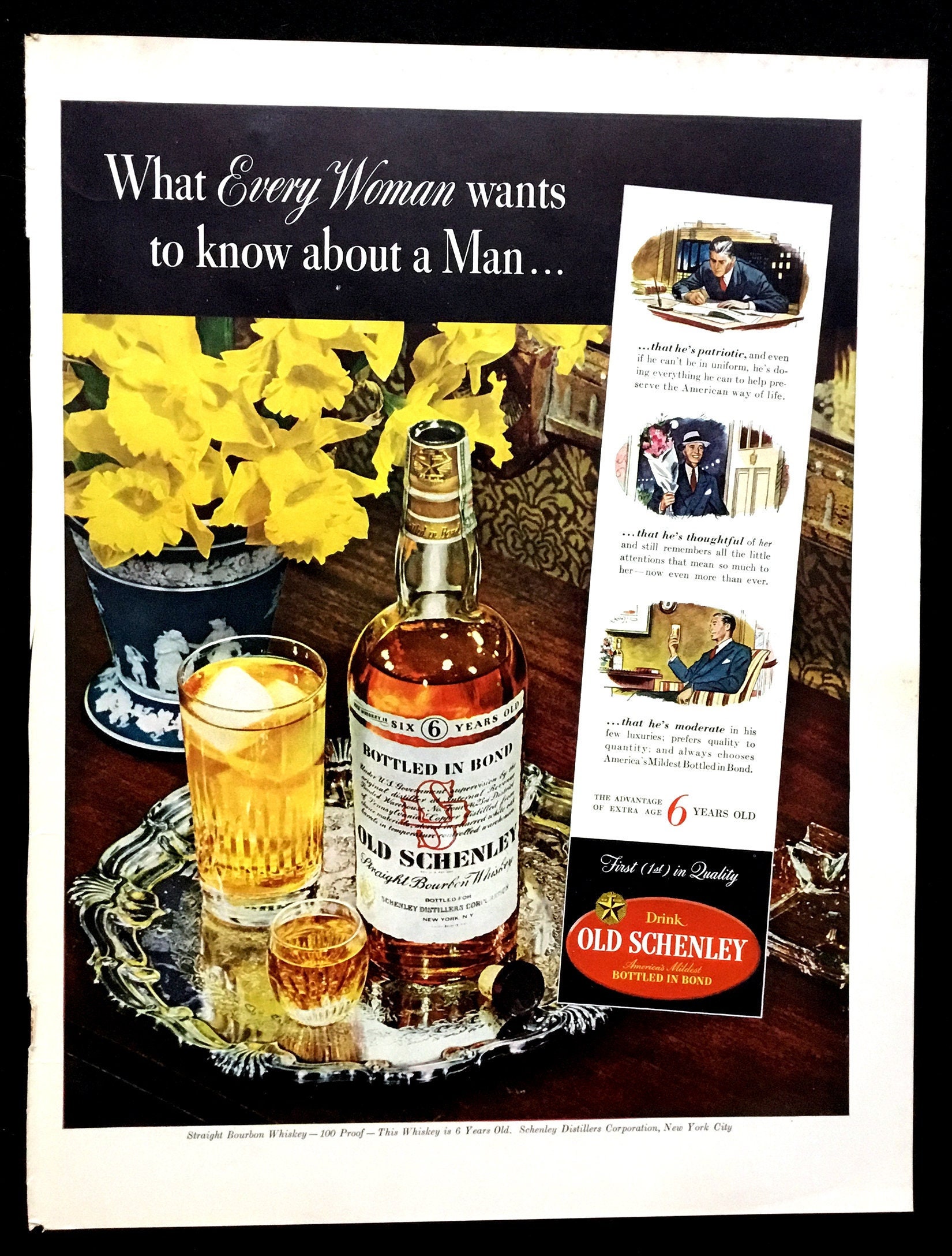 1942 Old Schenley Straight Bourbon Whiskey Vintage Ad, Advertising Art, Print Ad, Magazine Ad, Great to Frame.