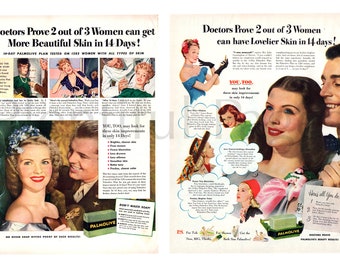 1940's Palmolive Soap vintage Ads, Set of Two, Advertising Art, Magazine Ad, 1940's Fashion, Advertising, Great to Frame.