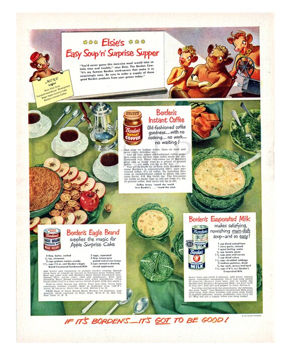 Borden/'s Evaporated Milk Elsie Cow 1950/'s Borden/'s Vintage Ads Advertising Art Set of Three Magazine Ad Eagle Brand. Instant Coffee