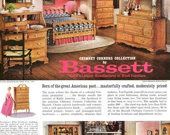 1963 Bassett Furniture Vintage Ad, Advertising Art, Colonial