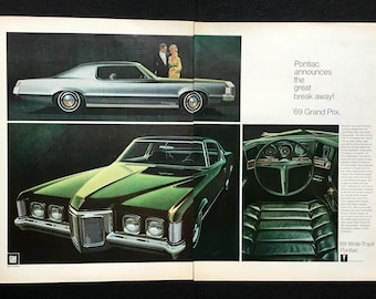 Pubblicità vintage della Pontiac Grand Prix del 1968, illustrazione pubblicitaria, pubblicità di auto retrò, carreggiata larga.