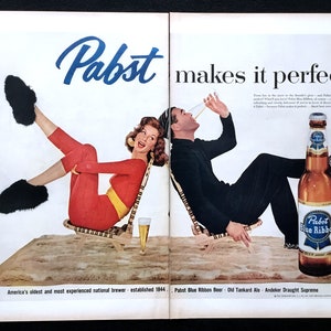 1958 Pabst Blue Ribbon Bier Vintage Ad, Werbekunst, Richard Avedon, Print Ad, Werbung, groß zum Einrahmen.