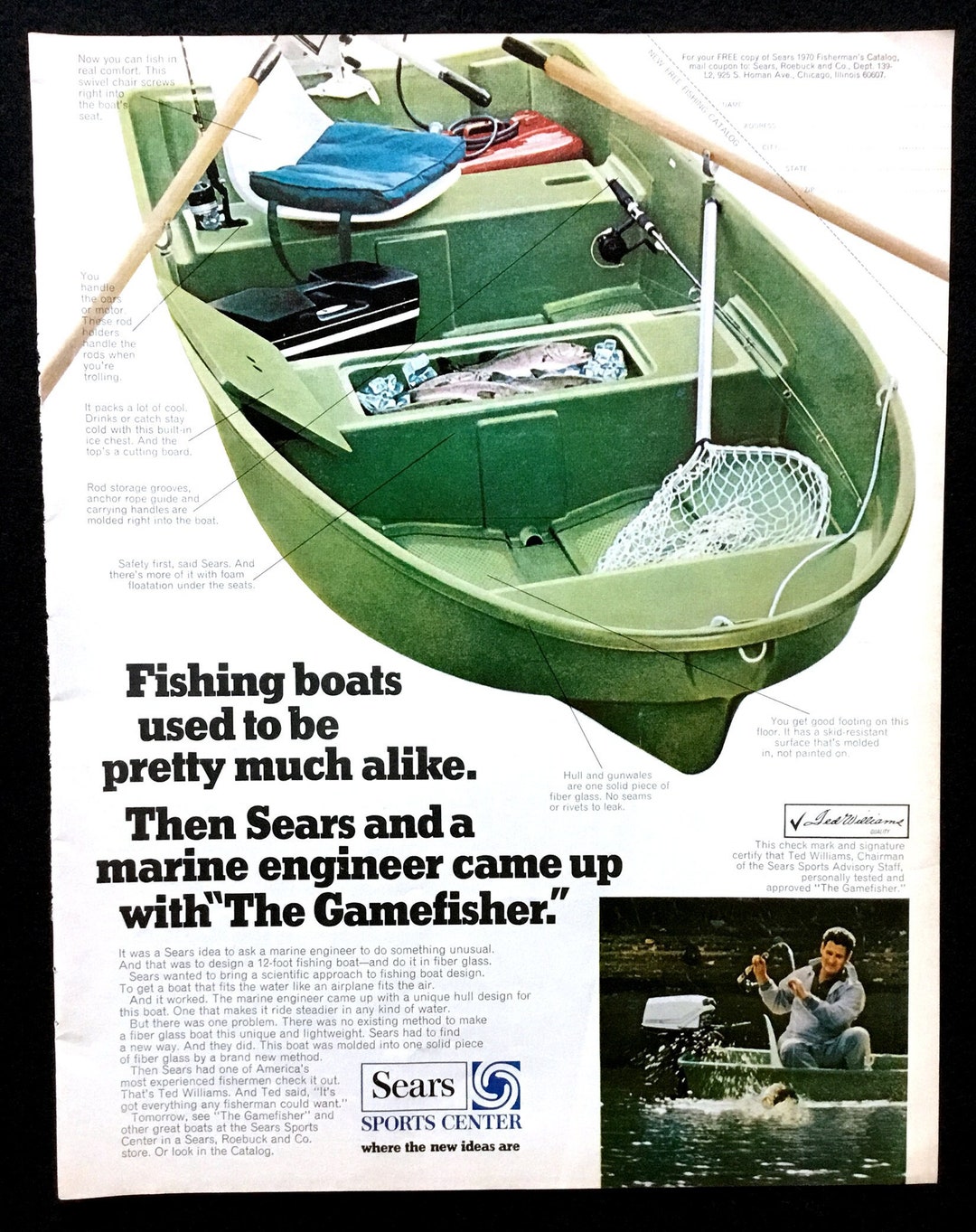 1970 Sears "gamefisher" Boat Vintage Ad, Advertising Art, Magazine Ad