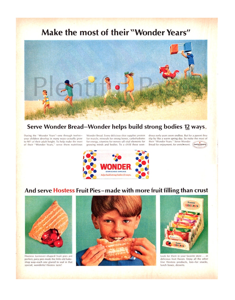 1966 Wonder Bread & Hostess Fruit Pies Vintage Ad, 1960's Dessert, 1960's Wonder Bread, 1960's Kids, Advertising Art, 1960's Fashion. image 1