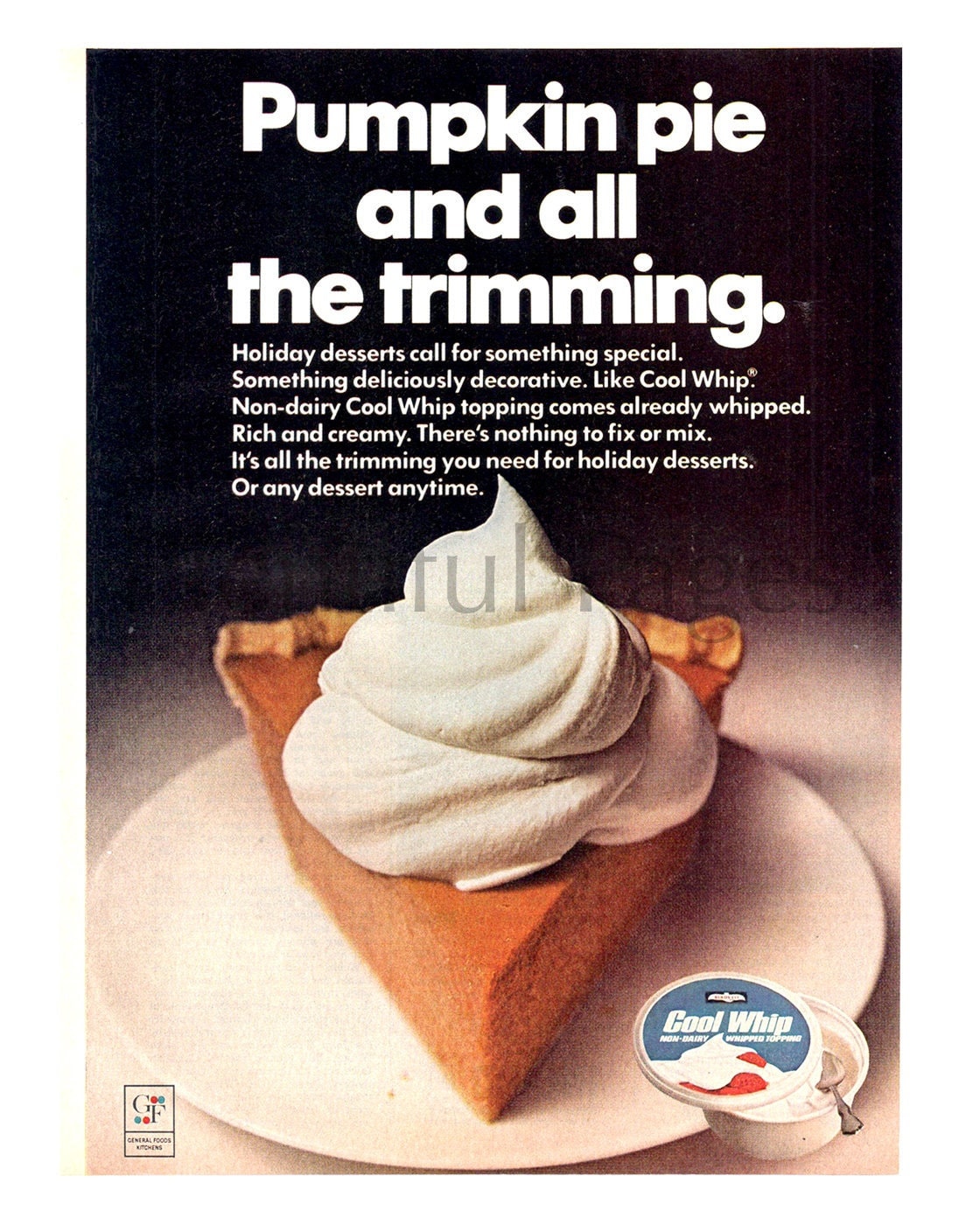 1969 Cool Whip Vintage Ad, Advertising Art, Pumpkin Pie, Whipped Topping, Magazine  Ad, Dessert, Advertisement, Great for Framing or Collage. -  Norway