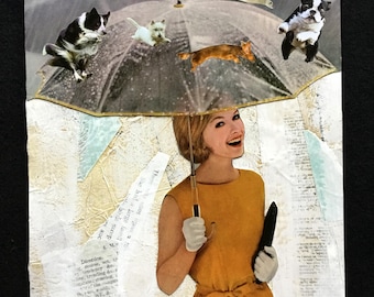 Collage artístico, "Llueve ya sabes qué", collage de papel caprichoso, hecho a mano, sin marco, gatos y perros.