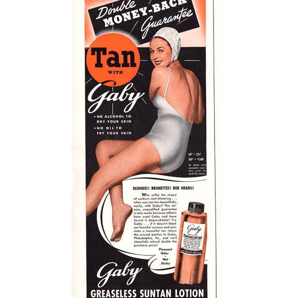 1941 Gaby Suntan lotion Vintage Ad, Advertising Art, Magazine Ad, 1940's Bathing Suit, Advertisement, Great to Frame.