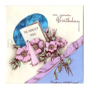 Cartão de aniversário vintage dos anos 40, ilustração vintage, buquê de flores, cartão vintage, ótimo para moldura.